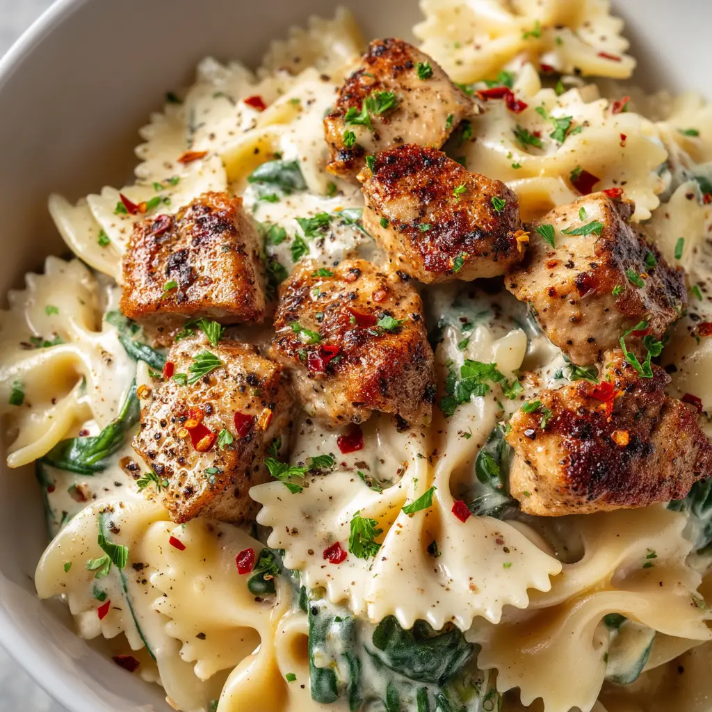 An extreme close-up of a fork twirling fettuccine with a piece of chicken, coated in a luscious, creamy cashew alfredo sauce.