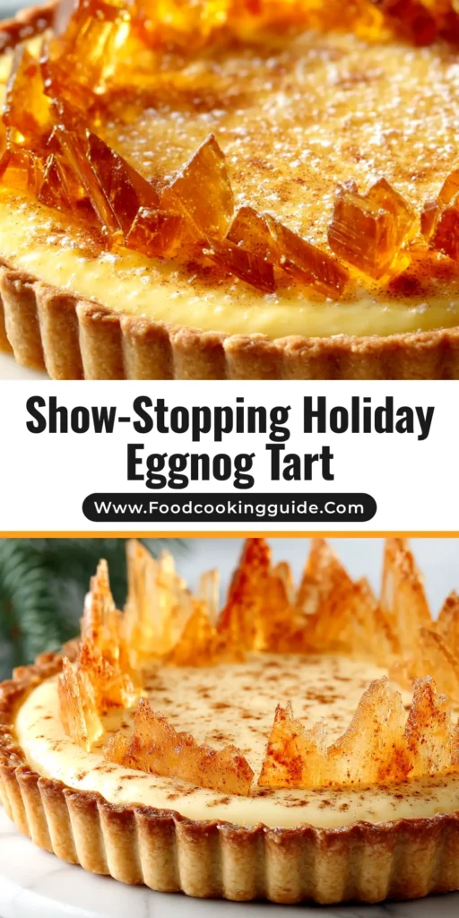 A beautiful overhead shot of a creamy Eggnog Tart, garnished with whipped cream and a dusting of nutmeg, ready to be served for the holidays.