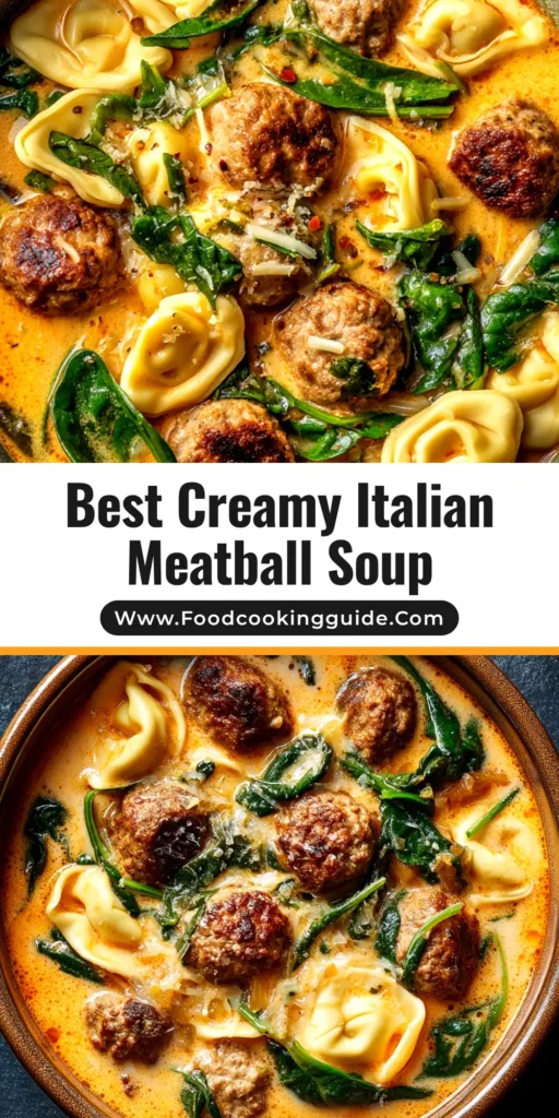A large white bowl filled with Creamy Italian Meatball Soup, garnished with fresh basil. The soup is rich and orange, with visible meatballs and spinach.