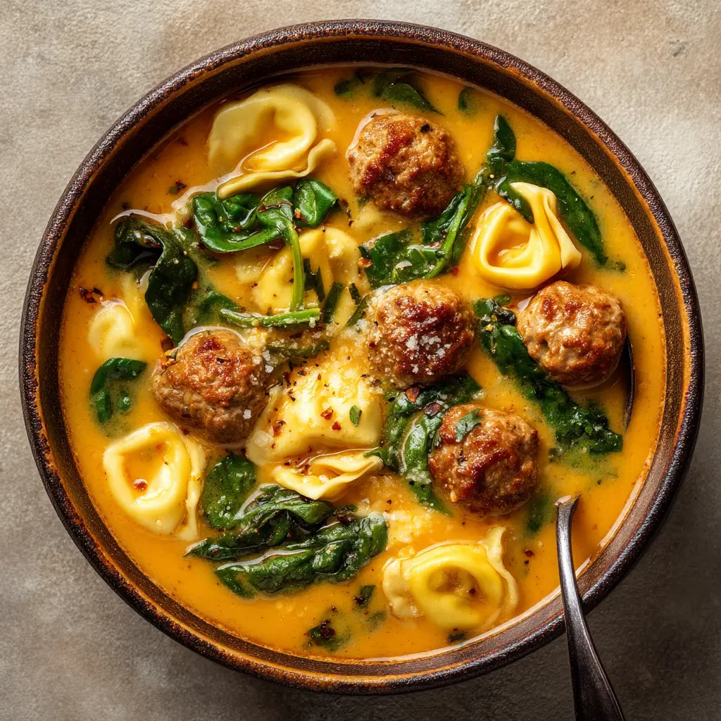 Another angle of the Creamy Italian Meatball Soup, showing a spoonful being lifted from the bowl, highlighting the creamy broth and a juicy meatball.