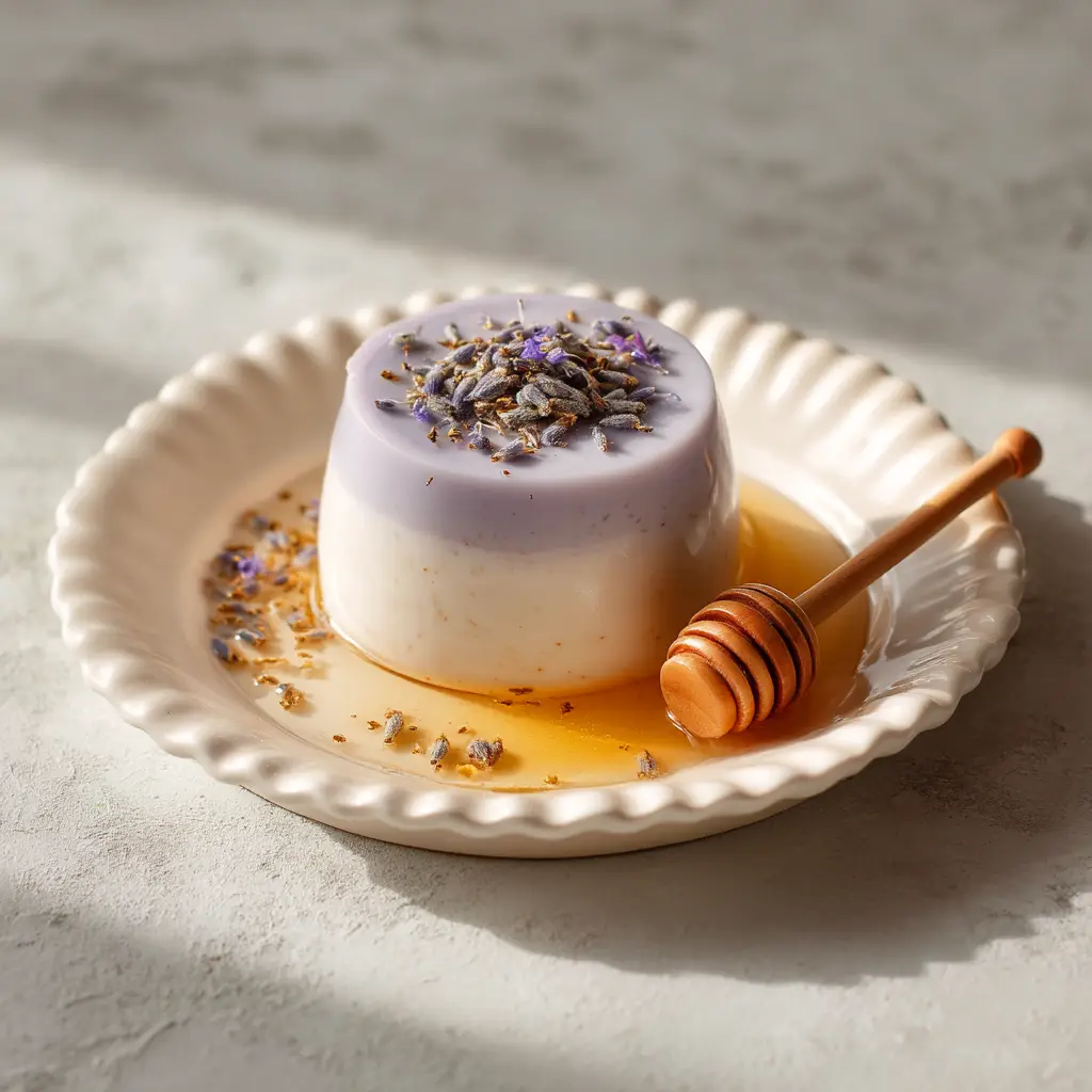 A single serving of creamy panna cotta infused with lavender and honey, presented in a clear glass to show its smooth texture.