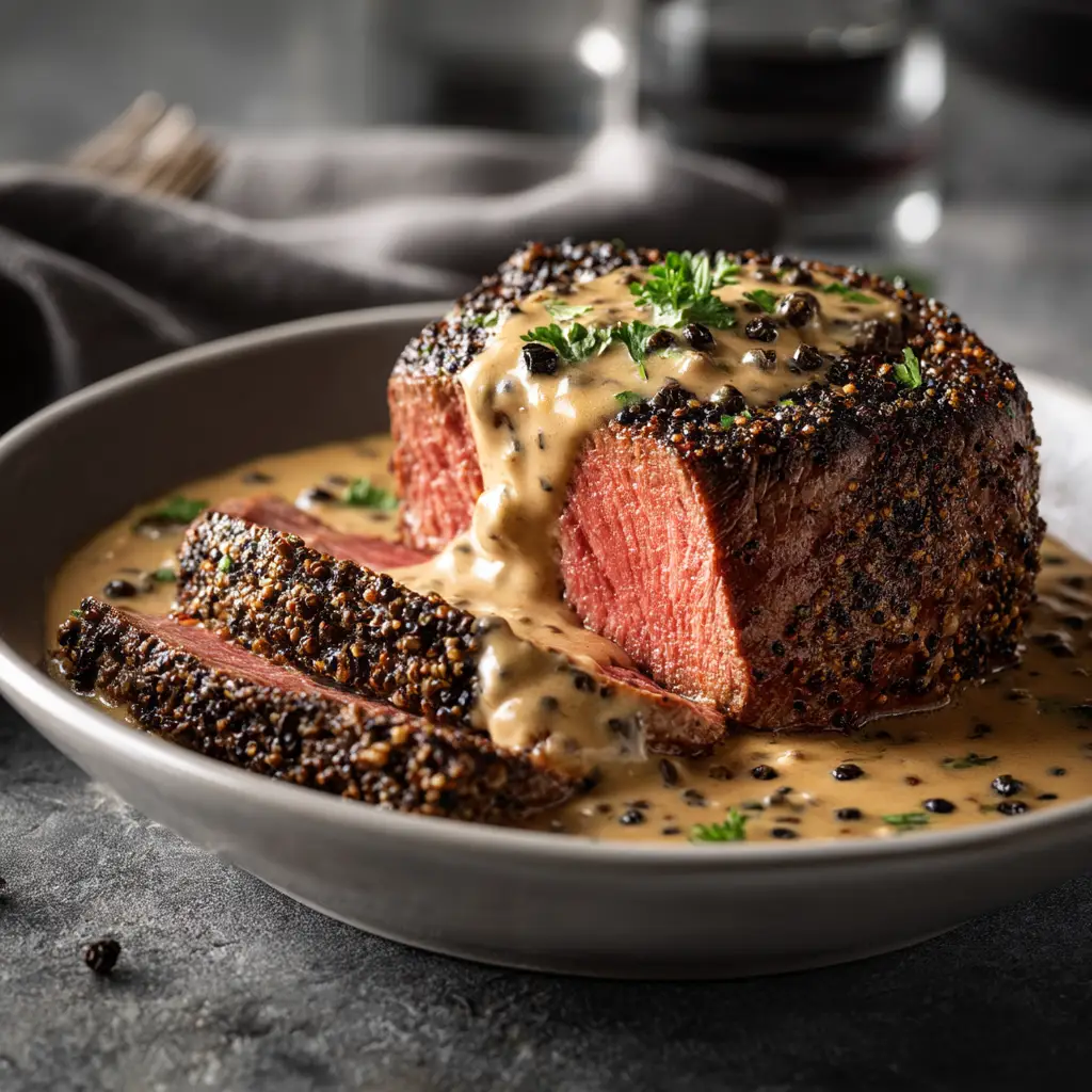 A creamy peppercorn sauce being made in a skillet, with shallots and Cognac reducing to form a delicious steak au poivre sauce.