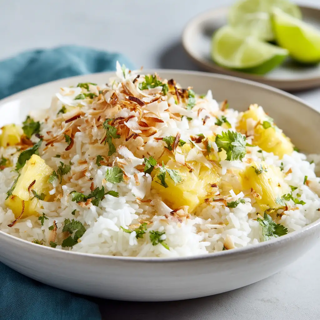 Coconut Pineapple Rice: The Ultimate Tropical Side Dish 1 A spoonful of creamy coconut pineapple rice being lifted from a bowl, garnished with fresh cilantro. An inviting image for a pineapple rice recipe.