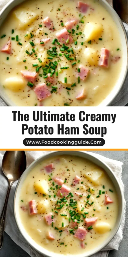 Creamy Potato and Ham Soup (The Ultimate Comfort Food) 4 A large white bowl filled with creamy potato and ham soup, garnished with fresh chives. A spoon rests in the bowl, ready to eat.