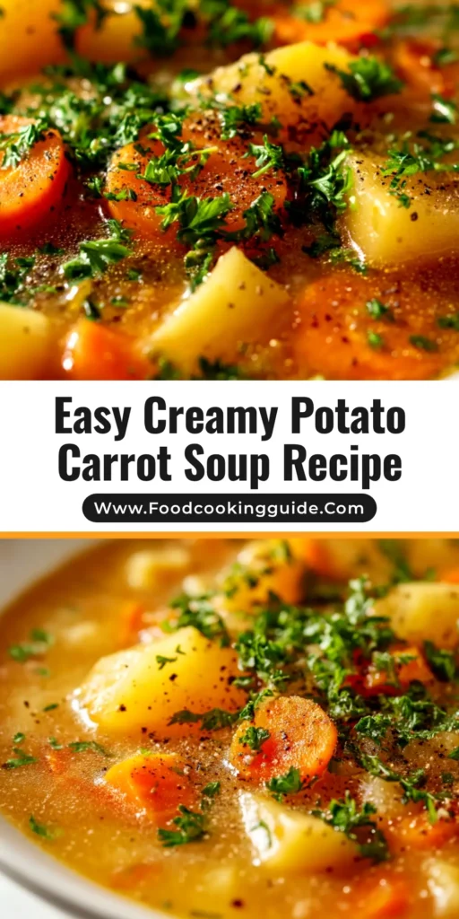 A beautiful overhead shot of a bowl of creamy potato carrot soup, garnished with fresh herbs. The perfect easy and comforting soup recipe to save for later.