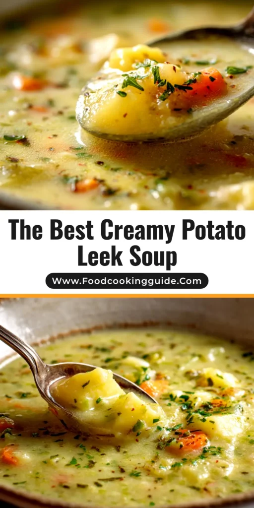 A beautiful bowl of creamy potato leek soup, garnished with fresh herbs and a swirl of cream. This image showcases the final dish from our easy potato leek soup recipe.