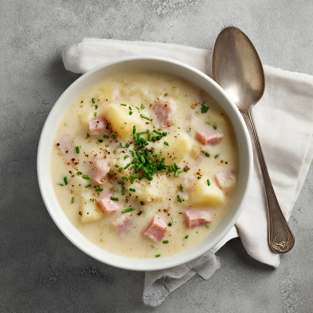 Creamy Potato and Ham Soup (The Ultimate Comfort Food) 1 A spoonful of creamy potato soup being lifted from a bowl, showcasing its smooth and velvety texture.