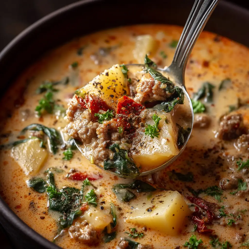 A close-up view of the Tuscan Sausage and Potato Soup, with a focus on the key ingredients like savory Italian sausage, tender potatoes, and vibrant green kale.