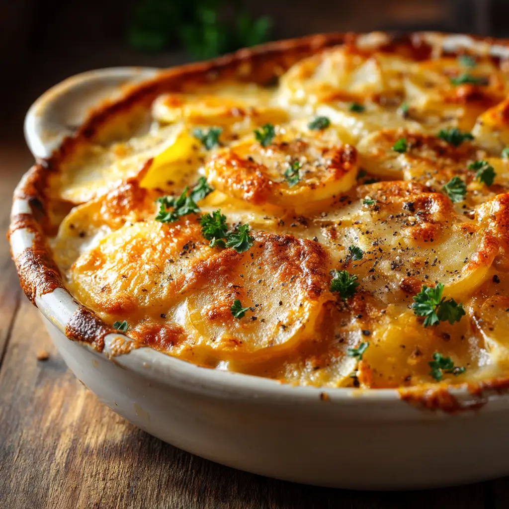 An extreme close-up shot of creamy scalloped potatoes, showing the luscious cheese sauce and perfectly cooked, tender potato layers.