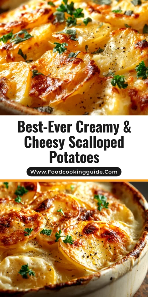 A beautiful pin image of a creamy scalloped potatoes recipe baked in a casserole dish, with a slice being lifted out showing cheesy, tender layers. The text overlay reads 'The Best Scalloped Potatoes Recipe'.