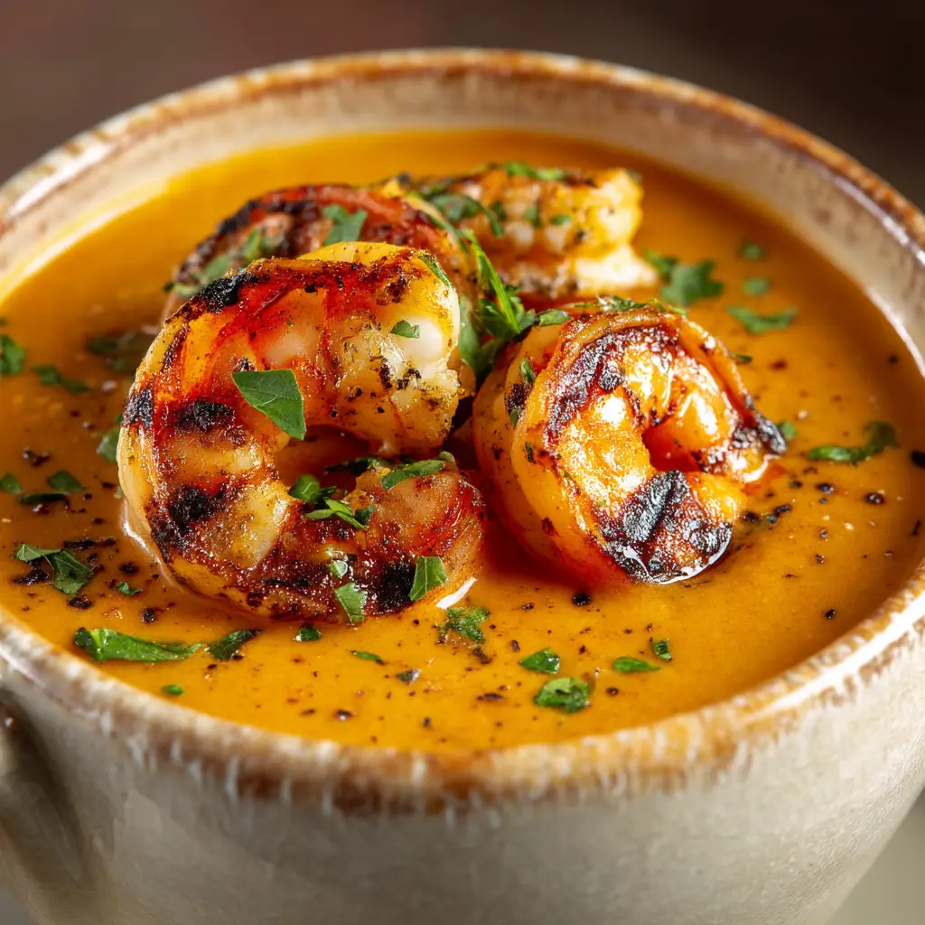 An extreme close-up of creamy seafood bisque, showing the velvety smooth texture and a piece of pink shrimp.