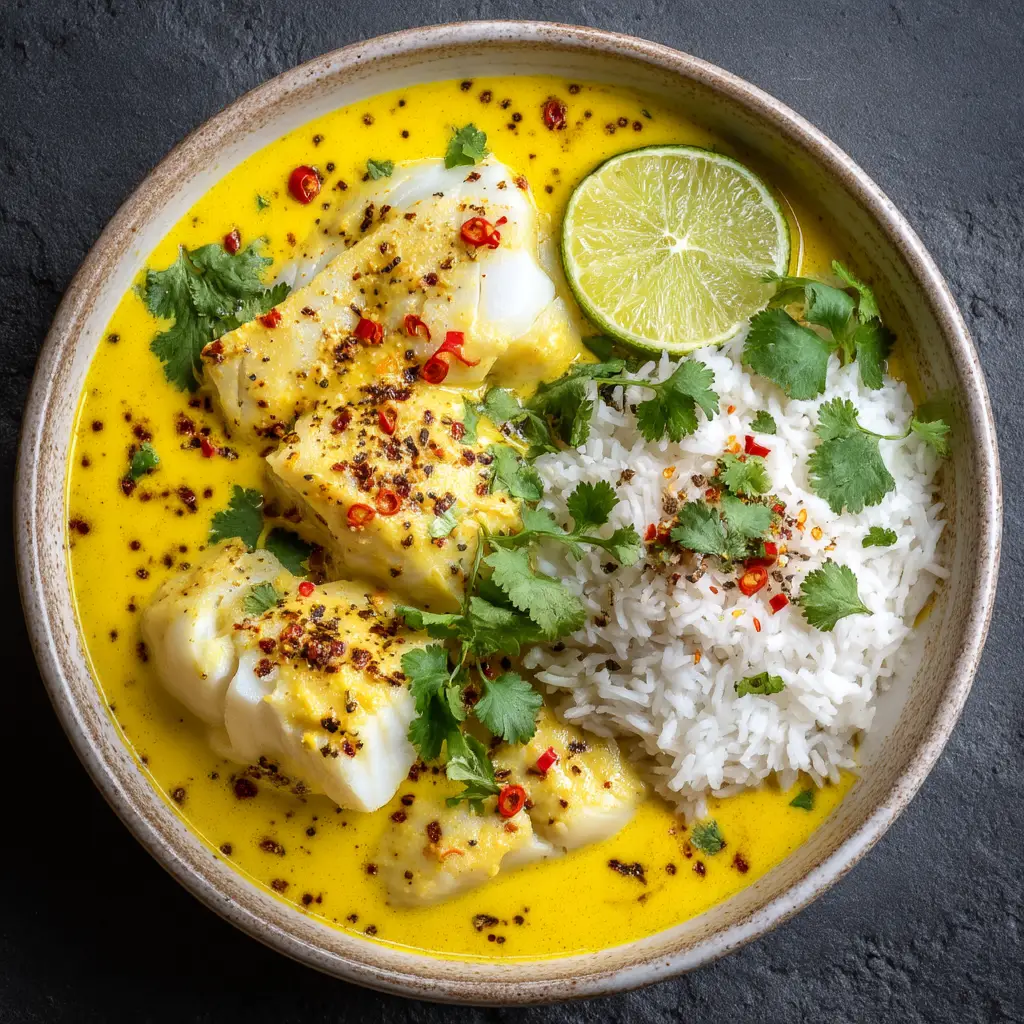 An overhead shot of a rustic ceramic bowl filled with creamy yellow curry poached cod, showcasing the flaky fish and rich sauce.