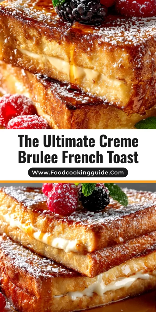 A close-up shot of a slice of Creme Brulee French Toast on a white plate, showcasing the crispy, caramelized sugar crust and custardy interior.