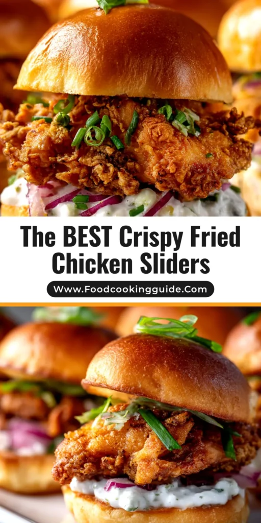 A platter of delicious crispy fried chicken sliders, each with a golden-brown chicken piece, pickles, and spicy mayo on a soft brioche bun. A perfect party appetizer.