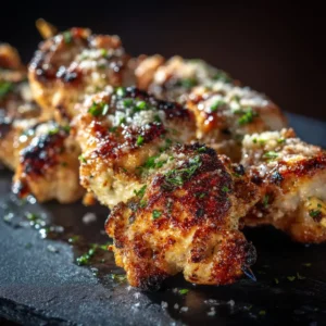 An extreme close-up of crispy garlic parmesan chicken cutlets fresh out of the air fryer, highlighting the golden texture.