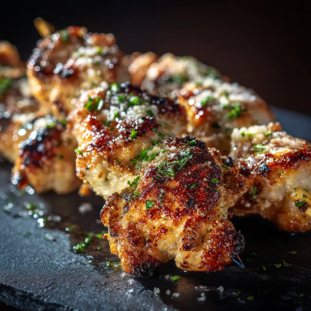 An extreme close-up of crispy garlic parmesan chicken cutlets fresh out of the air fryer, highlighting the golden texture.