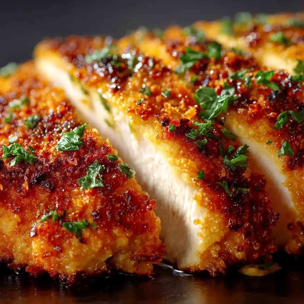 An extreme close-up of a perfectly golden-brown parmesan crusted chicken breast, showing the crispy texture of the panko and cheese coating.