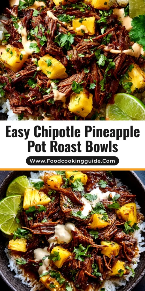 An overhead shot of Crockpot Chipotle Pineapple Pot Roast being shredded in a slow cooker, showing tender beef, pineapple chunks, and a rich, dark sauce. The text overlay reads 'Sweet & Spicy Crockpot Pot Roast'.