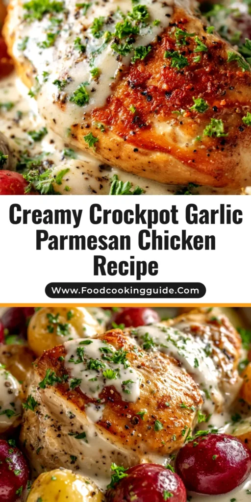 A top-down view of Crockpot Garlic Parmesan Chicken and Potatoes in a white bowl, garnished with fresh parsley. The chicken and potatoes are coated in a creamy white sauce.