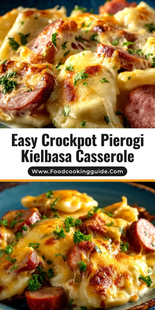 A delicious and easy Crockpot Pierogi Casserole with kielbasa and cheese, shown in a white bowl. The perfect slow cooker comfort food recipe for a family dinner.