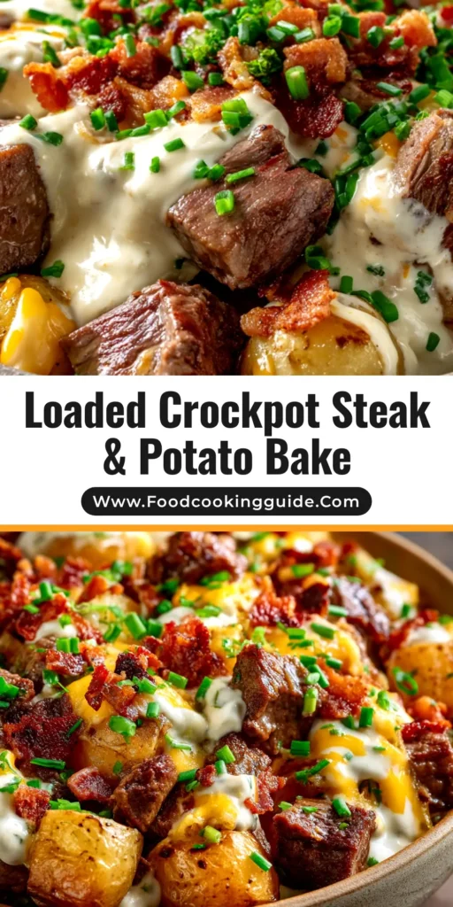 A top-down view of a serving of Crockpot Steak and Potatoes in a white bowl, showing tender steak chunks, potatoes, and carrots in a rich brown gravy, garnished with fresh parsley.