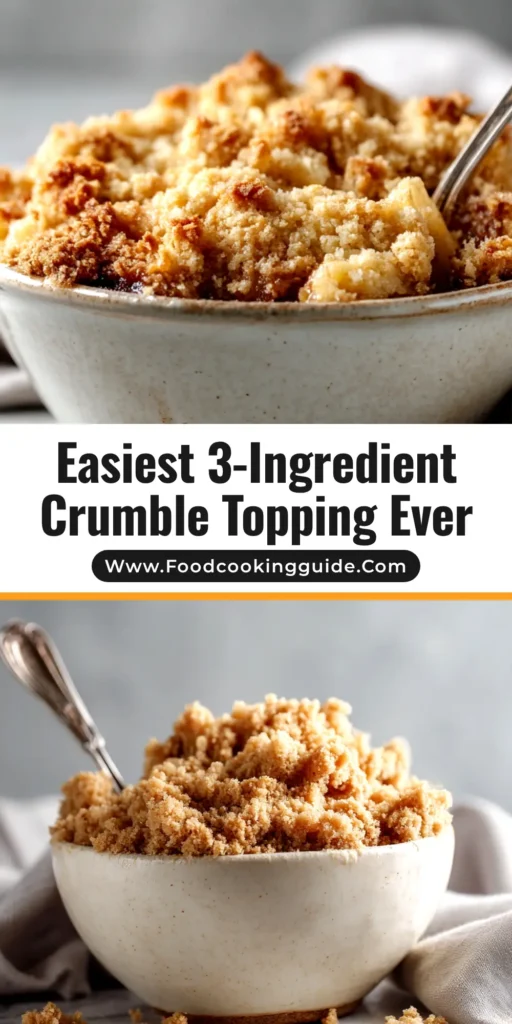 A close-up overhead shot of a golden-brown crumble topping recipe in a white baking dish, ready to be served. The texture is perfectly crisp and crumbly.