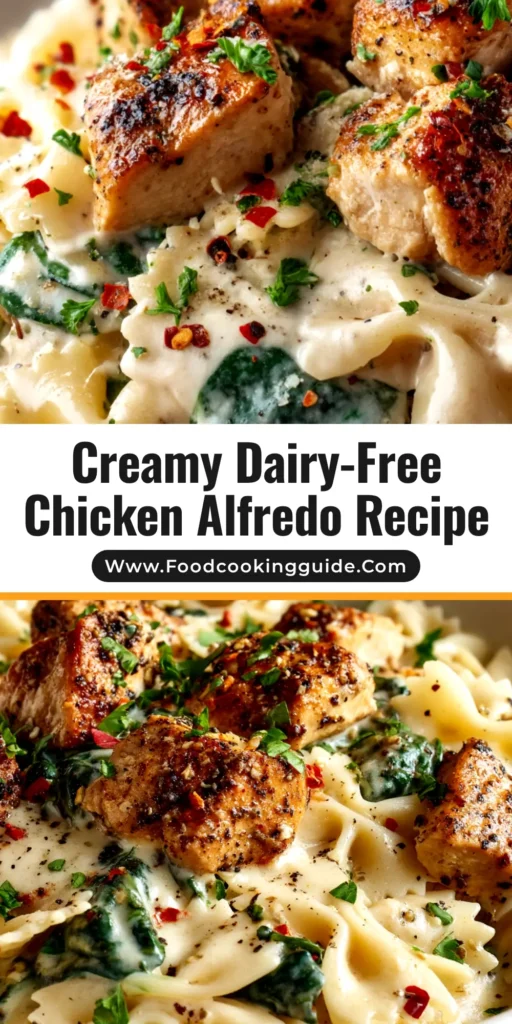 A stunning overhead shot of creamy Dairy Free Chicken Alfredo in a white bowl, garnished with fresh parsley. The perfect pin to showcase a rich and easy recipe.