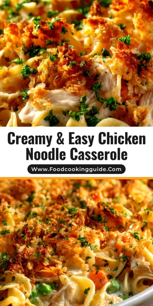 A delicious and Easy Chicken Noodle Casserole in a white baking dish, showing its creamy texture and golden-brown cheesy topping.