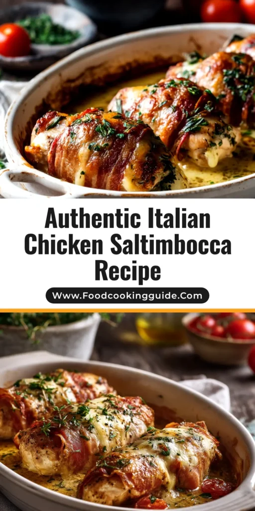 A close-up of a perfectly cooked Chicken Saltimbocca in a skillet, topped with crispy prosciutto and a fresh sage leaf, glistening with a white wine butter sauce.