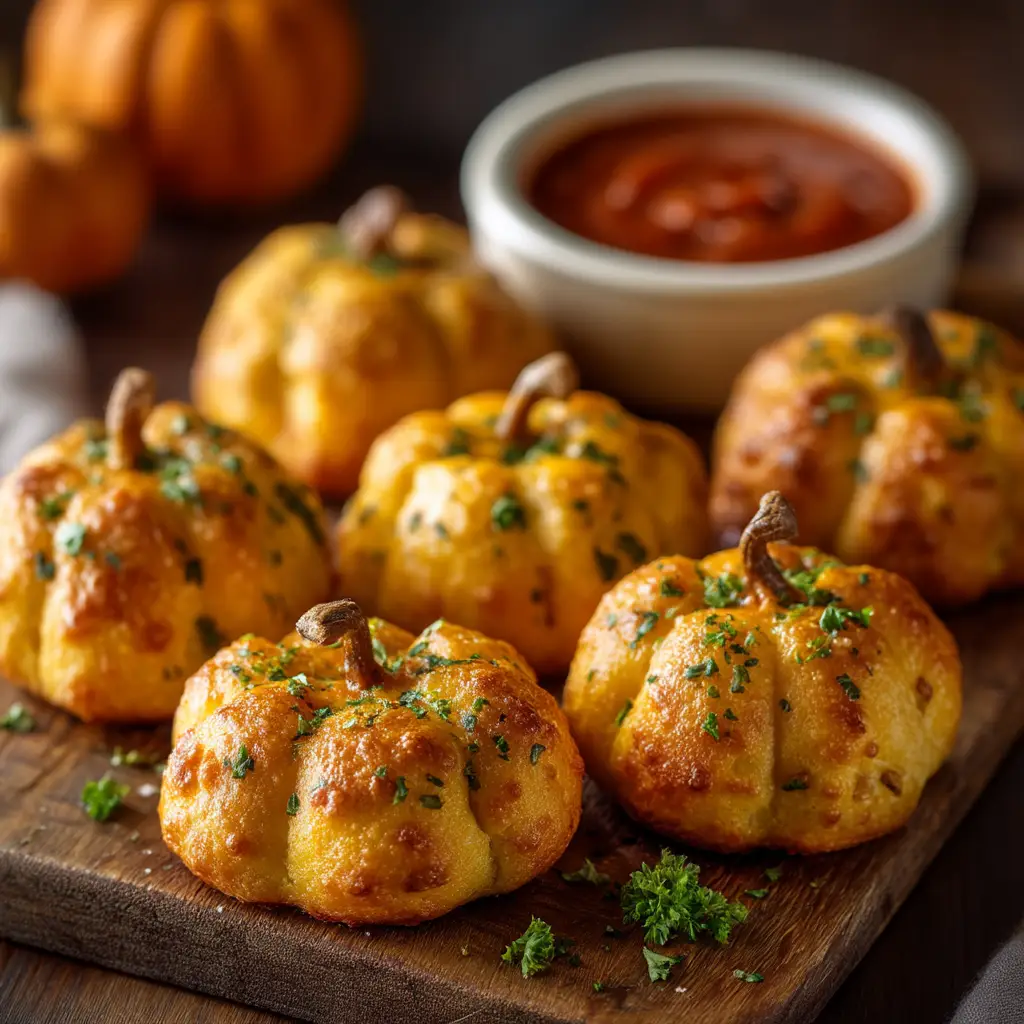 An overhead view of Pepperoni Pizza Pumpkins arranged on a serving plate, ready to be served as an easy Halloween appetizer.