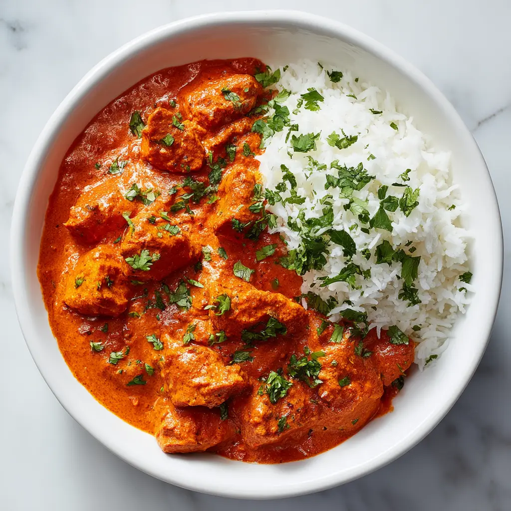 A beautiful final plated shot of Easy Indian Butter Chicken in a traditional bowl, served with a side of fluffy basmati rice and warm naan bread.