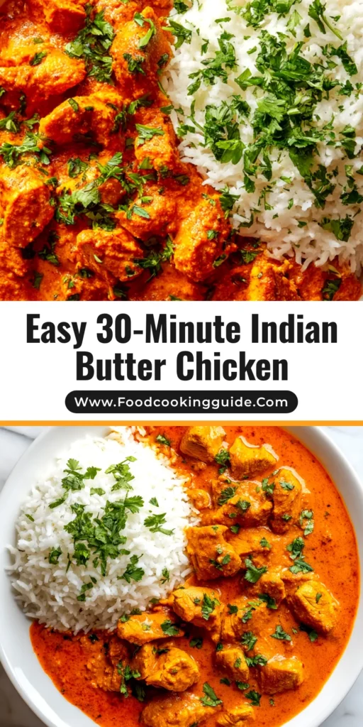 A vibrant pin image showing a bowl of Easy Indian Butter Chicken, garnished with fresh cilantro and a swirl of cream, with text overlay reading 'Easy Indian Butter Chicken - Restaurant-Style at Home'.