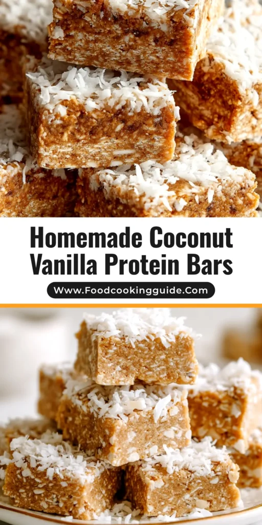 A stack of homemade coconut protein bars with a thick dark chocolate topping. The text overlay reads 'Easy No-Bake Coconut Protein Bars Recipe'.