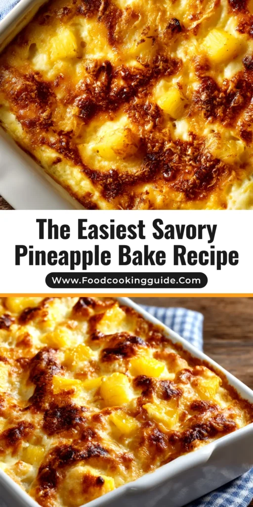 A delicious Pineapple Bake in a white baking dish, showing the golden brown cracker topping and bubbly filling. This sweet and savory side dish is perfect for any occasion.