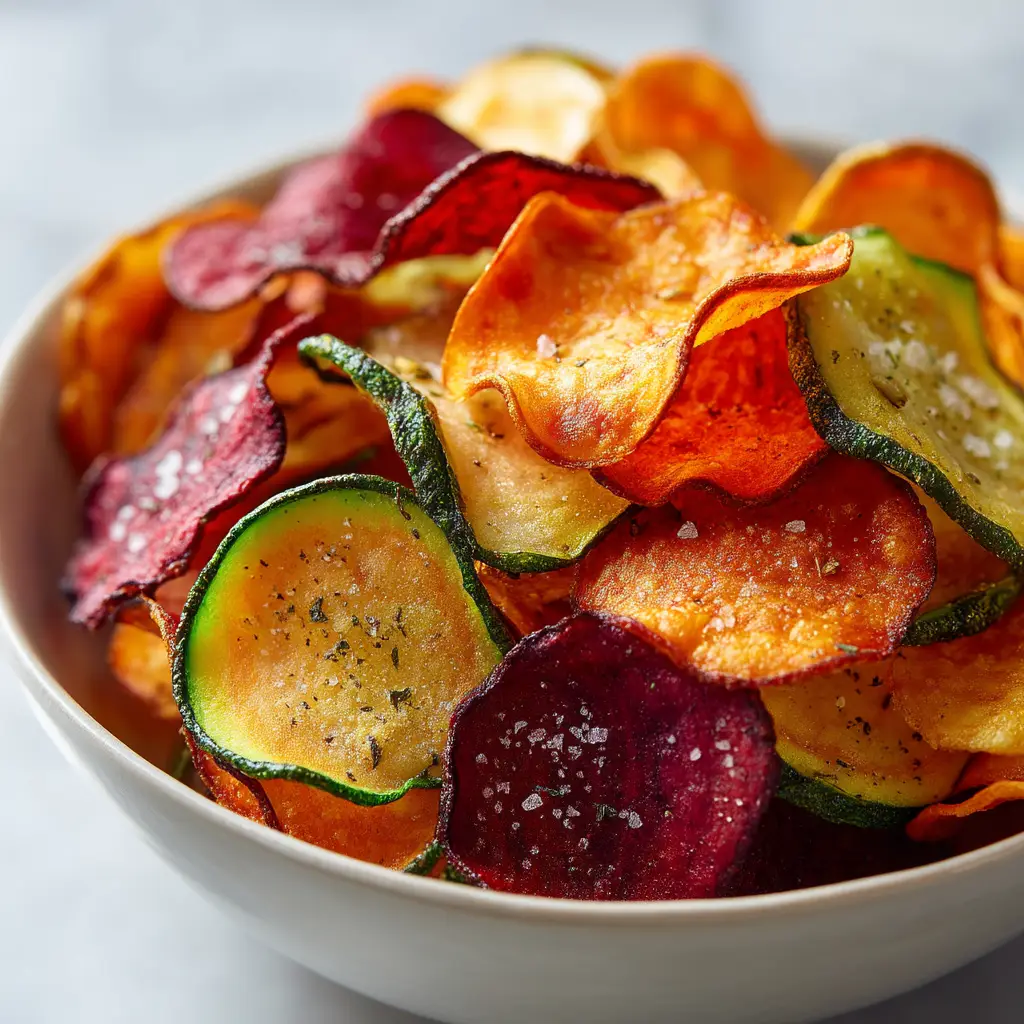A hand reaching into a bowl to grab a crispy air fryer sweet potato chip. This image emphasizes the snackable nature of the recipe.