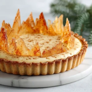 A close-up view of a slice of eggnog custard tart, showing its silky smooth texture and the crisp, golden-brown shortbread crust.