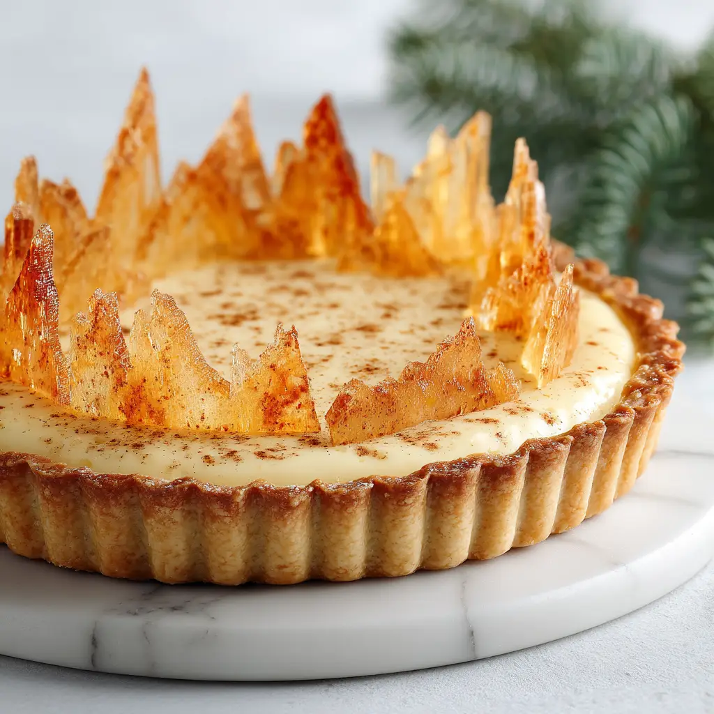 A close-up view of a slice of eggnog custard tart, showing its silky smooth texture and the crisp, golden-brown shortbread crust.