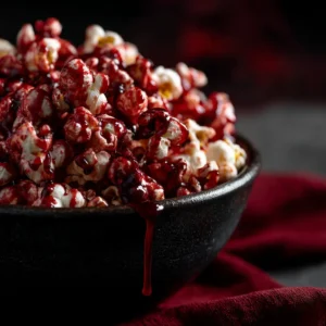 A close-up shot of the finished bloody red velvet popcorn in a black bowl, highlighting the texture and red splatter.