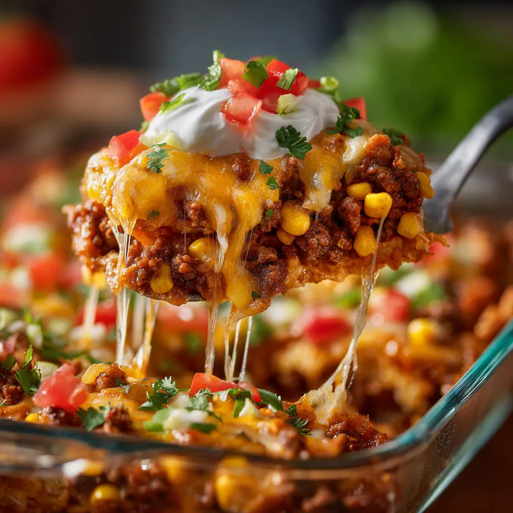 The finished taco bake in a 9x13 dish, topped with melted Mexican cheese blend and ready to be garnished and served for a family dinner.