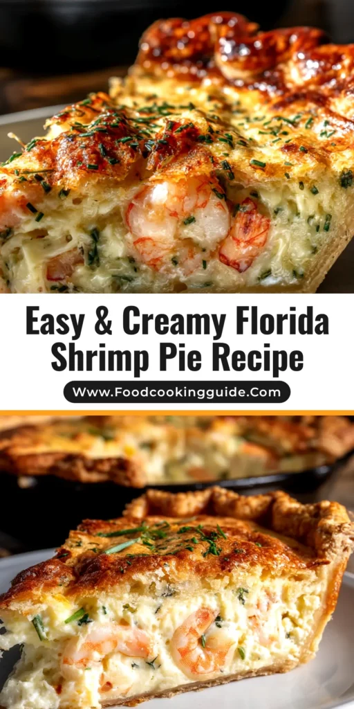 A golden-crusted Florida Shrimp Pie on a platter, with a slice taken out revealing a creamy shrimp filling. Perfect for a comforting seafood dinner.