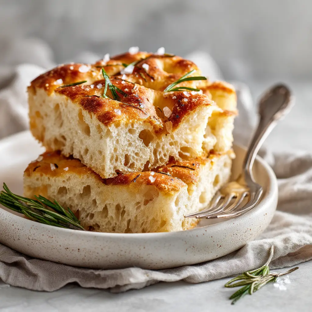 A square slice of fluffy sourdough focaccia on a plate, highlighting the airy and open crumb structure. A small bowl of olive oil sits beside it.
