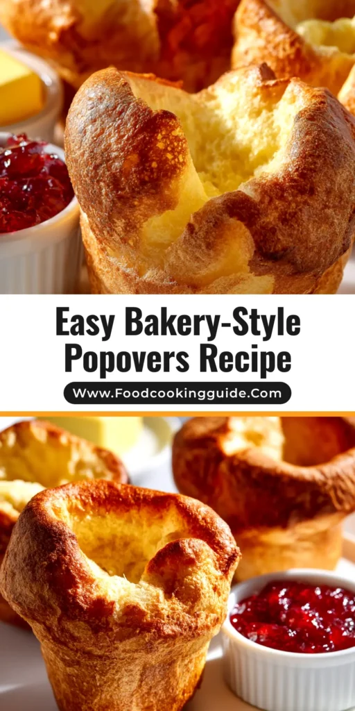 A foolproof popover recipe that creates tall, light, and airy popovers. A stack of three golden-brown popovers is shown, ready to be eaten.