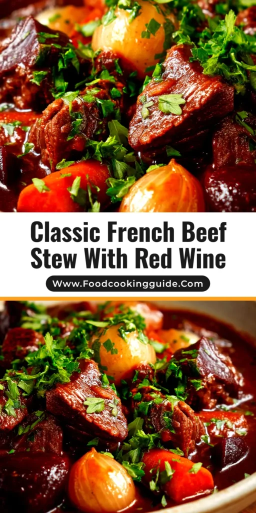 A delicious bowl of French-Style Beef Stew with tender beef, carrots, and mushrooms in a rich red wine sauce, garnished with fresh parsley. A perfect, hearty comfort food recipe.