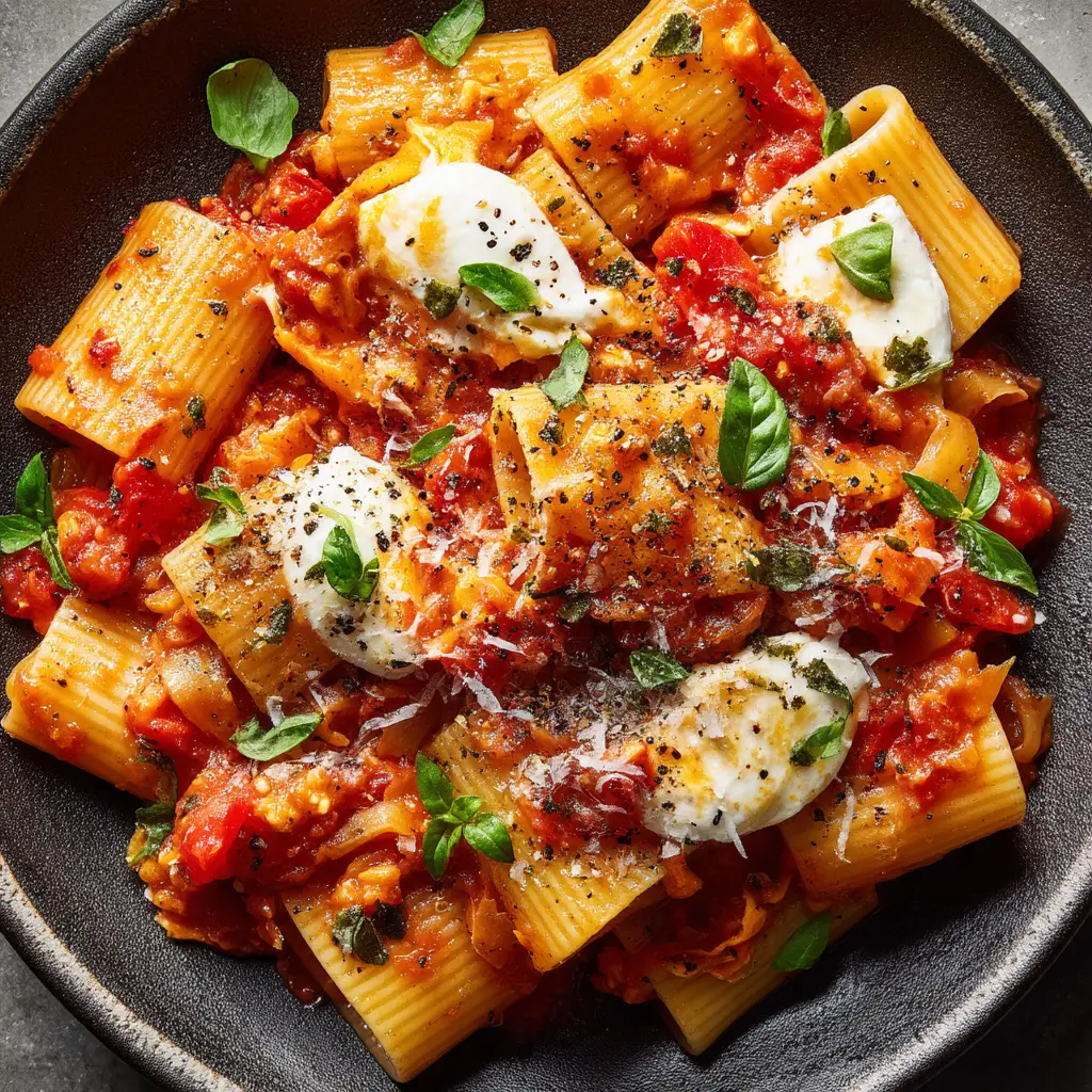 A serving of fresh tomato and mozzarella pasta on a plate, garnished with a sprig of basil.