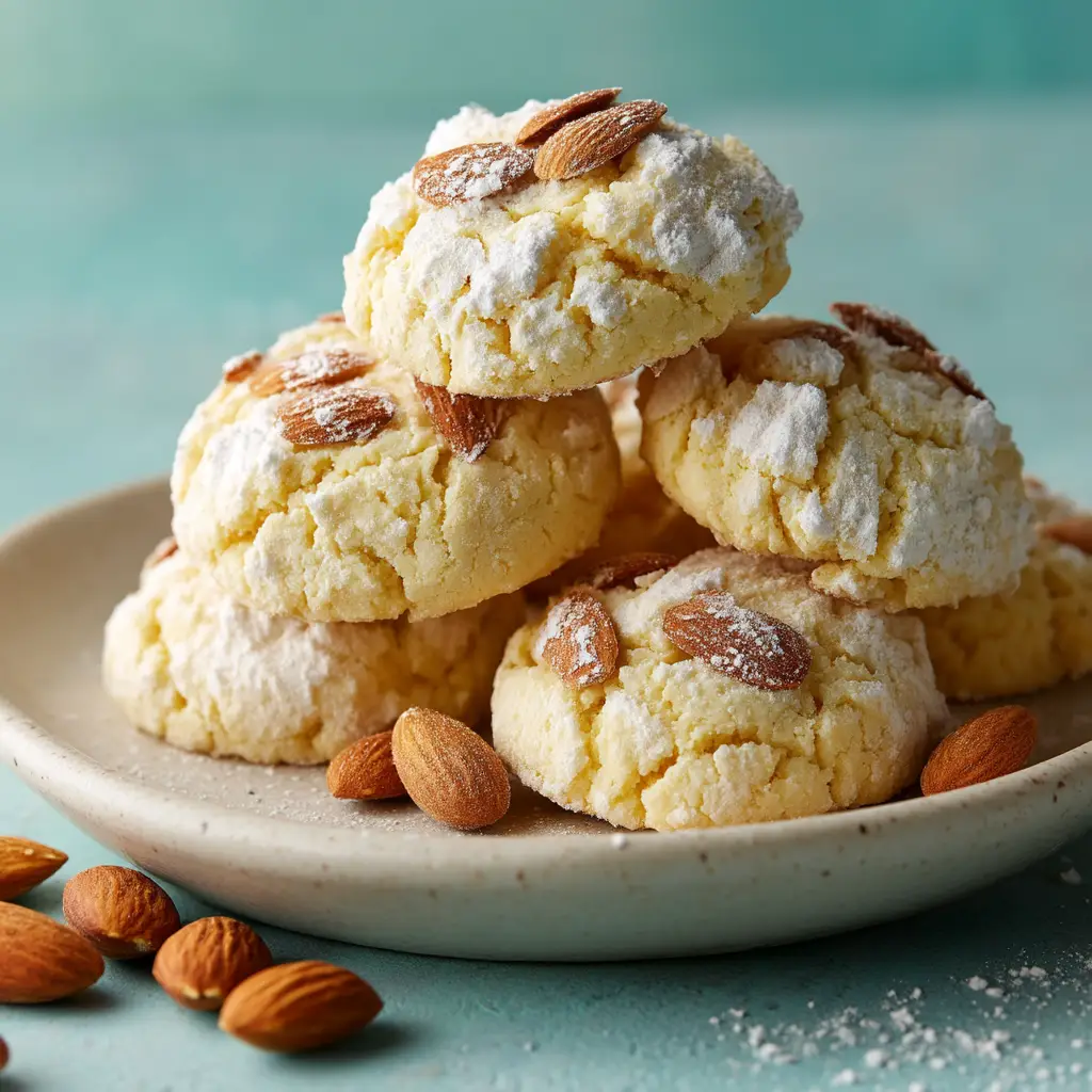 A stack of finished Italian almond ricotta cookies with glaze and sprinkles on a festive platter.
