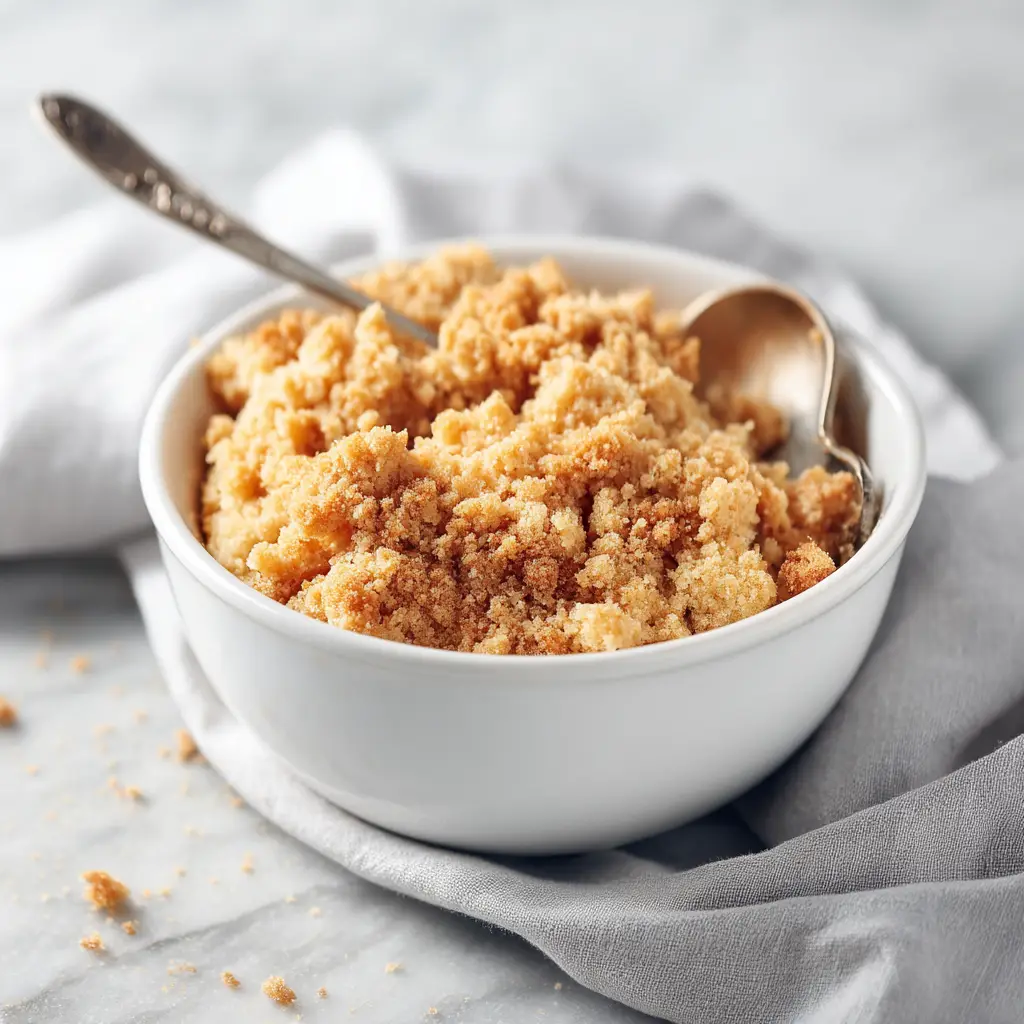 An extreme close-up of the crisp, golden-brown baked crumble topping, showcasing its delicious and crunchy texture.