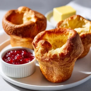 Three golden-brown popovers fresh from the oven, showcasing their light and airy texture.
