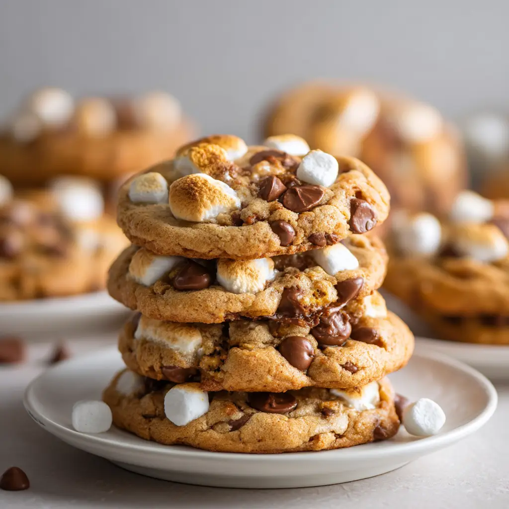 A single chocolate peanut butter marshmallow cookie broken in half to reveal the soft, chewy interior and melted marshmallow.