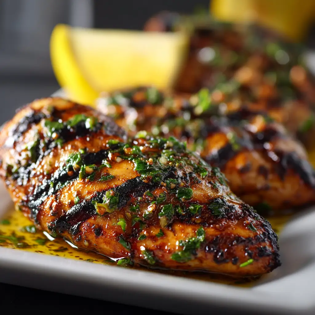 Juicy, herb-marinated chicken breasts being grilled to perfection, showing beautiful char marks. A key step in the Mediterranean grilled chicken process.