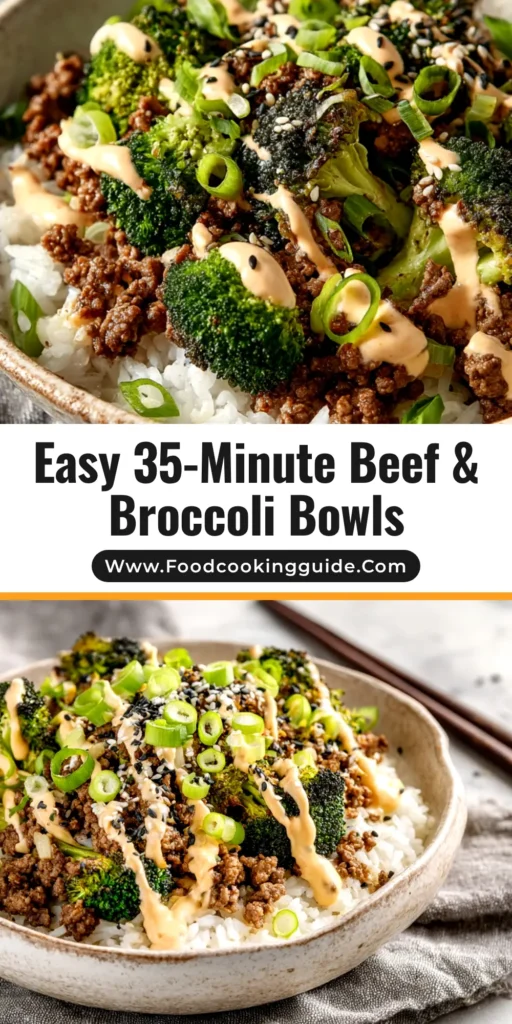 An overhead shot of a delicious Ground Beef and Broccoli Rice Bowl in a white bowl, garnished with sesame seeds. The perfect easy weeknight dinner idea.